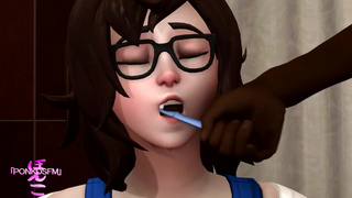 Mei чистит зубы перед тем, как сосать черный член
