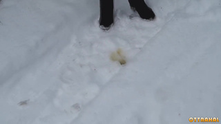 Колхозница отодвинула трусики в сторону и писает на снег