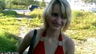 Nasty and brave blonde with natural tits is having amazing sex outdoors