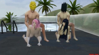 Naruto, Sakura nad their friends enjoy hardcore group sex by the pool