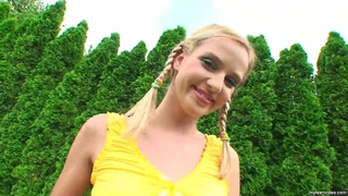 Braided pigtails girl outdoor dildo sex