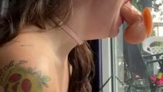 Tattoo Submissive Spit Lipstick Fetish Lipstick Kitten Dildo Deepthroat Cute Brunette Blowjob GIF
