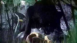 Черный леопард насилует Pharah в лесу под дождем